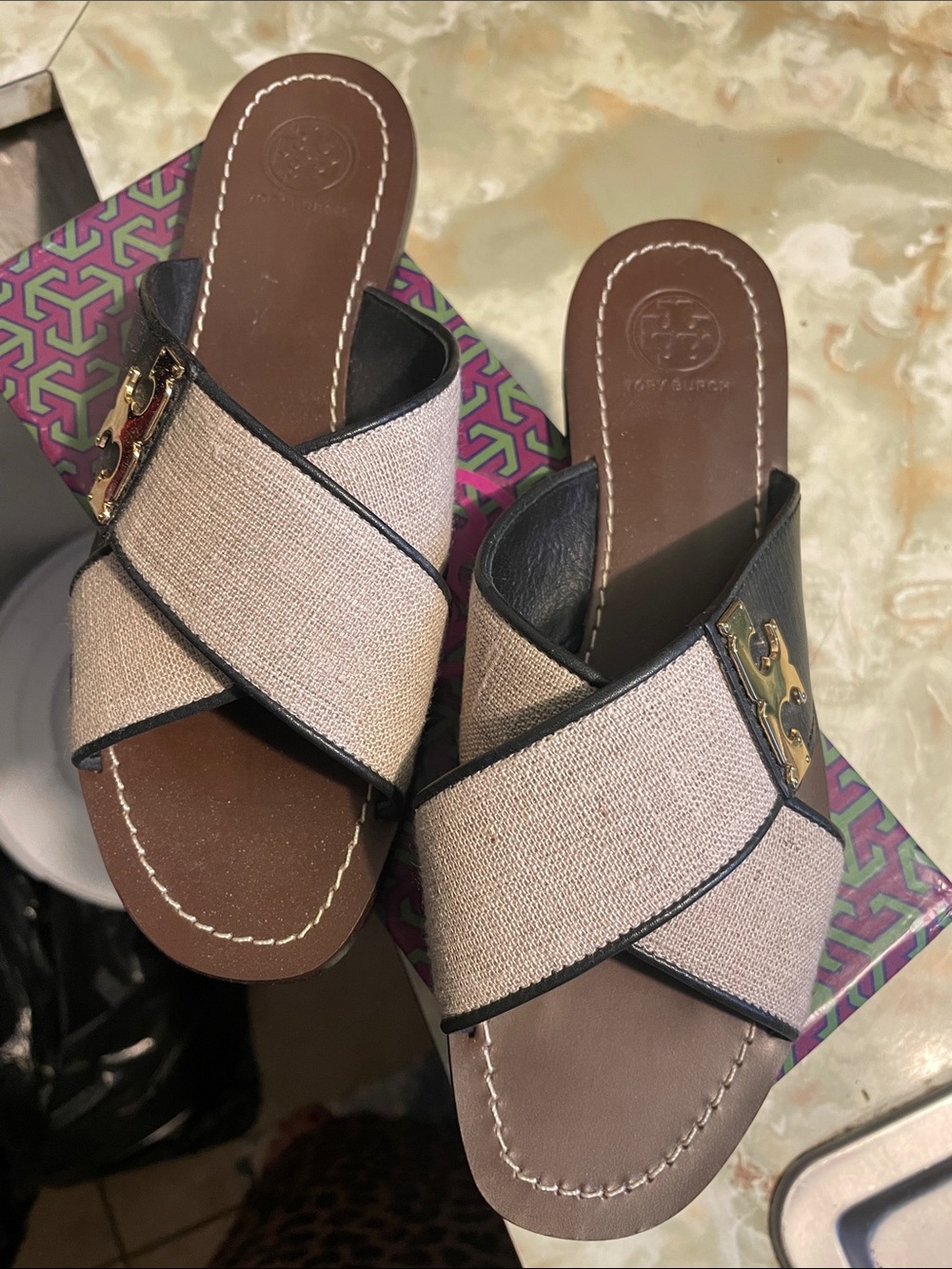 Tory Burch Tan & Black Crossband Slide Sandals with Gold Logo
